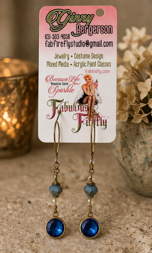Midnight Blue Crystal Drop Earrings with Vintage Brass Accents