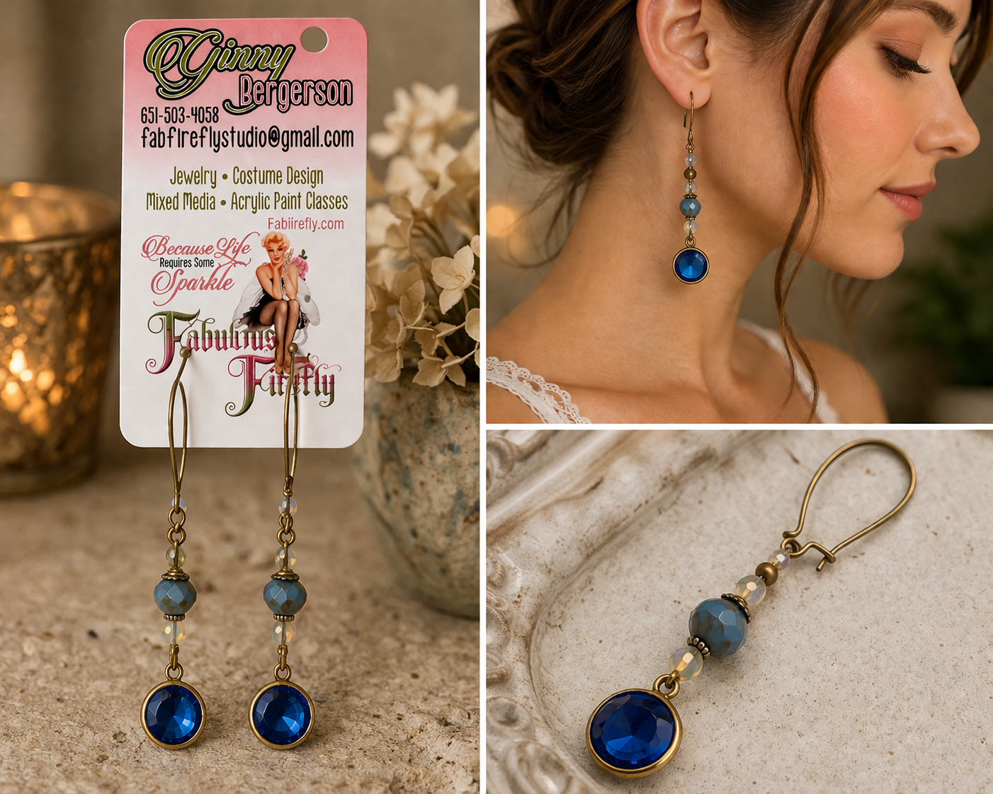 Midnight Blue Crystal Drop Earrings with Vintage Brass Accents