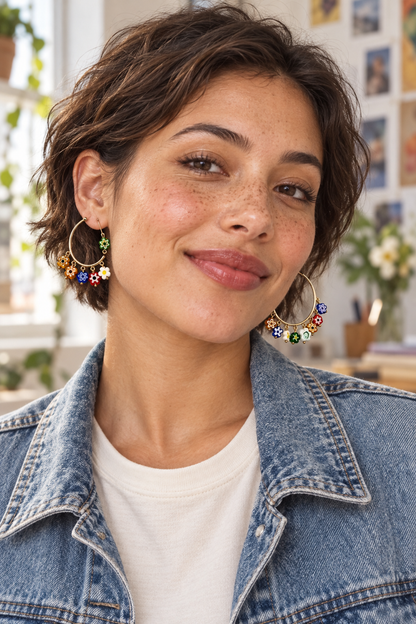 Colorful Millefiori Glass Flower Gold Hoop Earrings