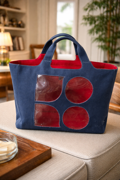 Kate Spade New York Canvas Tote with Clear Panels – Navy & Red Interior