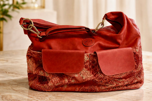 Italian Leather Weekender Bag – Embossed Paisley Travel Tote, Double Strap, Mint Condition