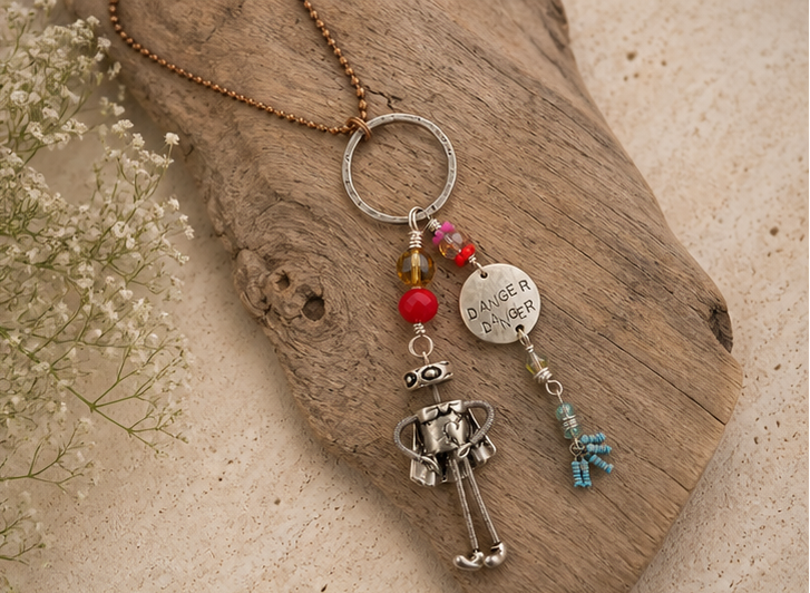 Danger Danger Robot Necklace – Lost in Space Inspired Silver Charm Pendant