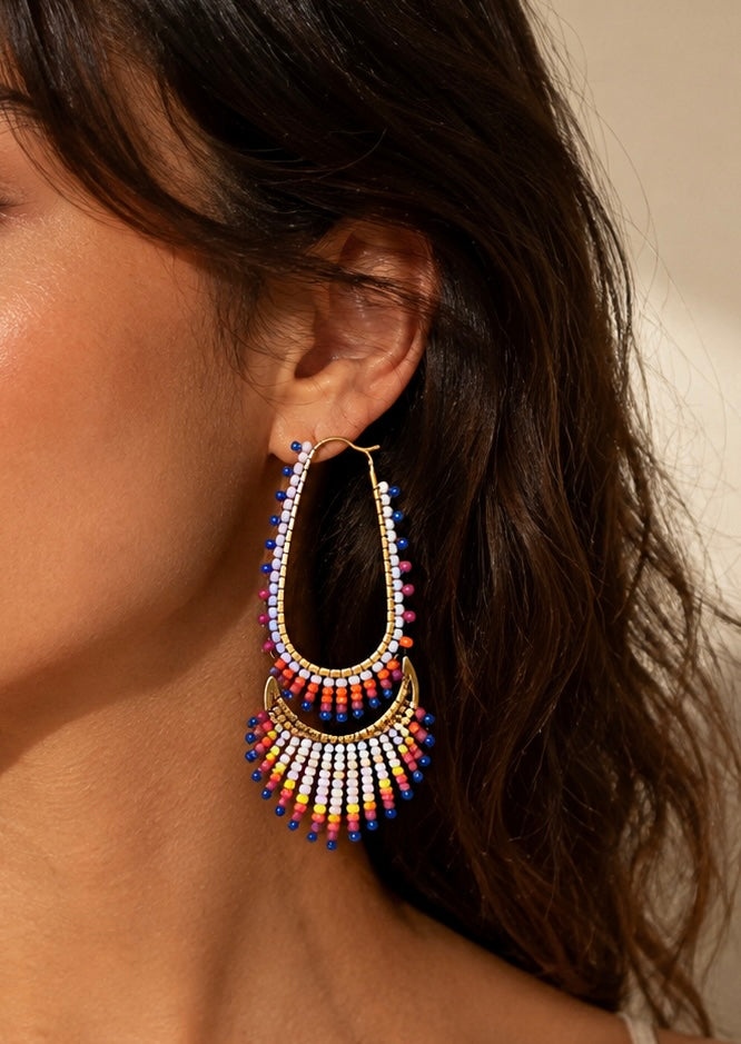 Moonstruck Hand-Beaded Oblong & Crescent Earrings
