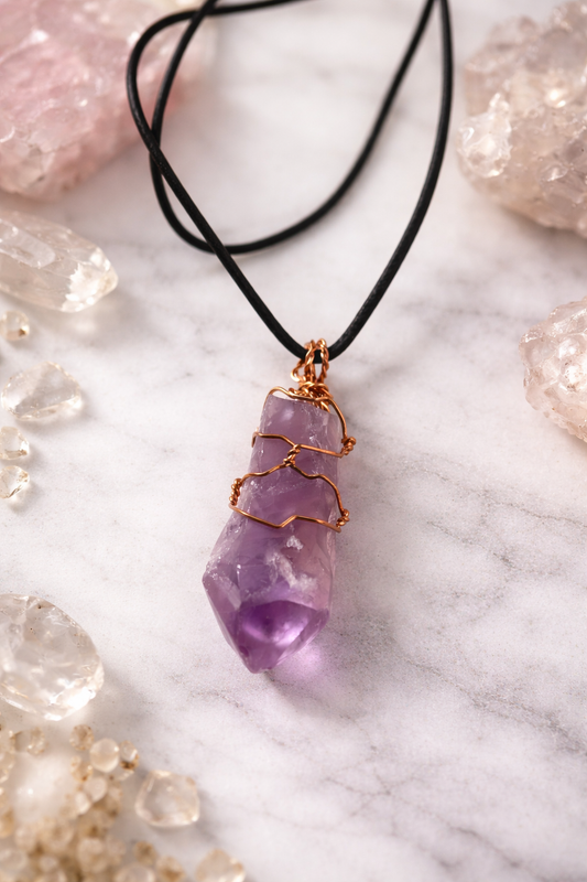 Awakened Amethyst Crystal Necklace – Wire Wrapped Healing Stone on Adjustable Leather