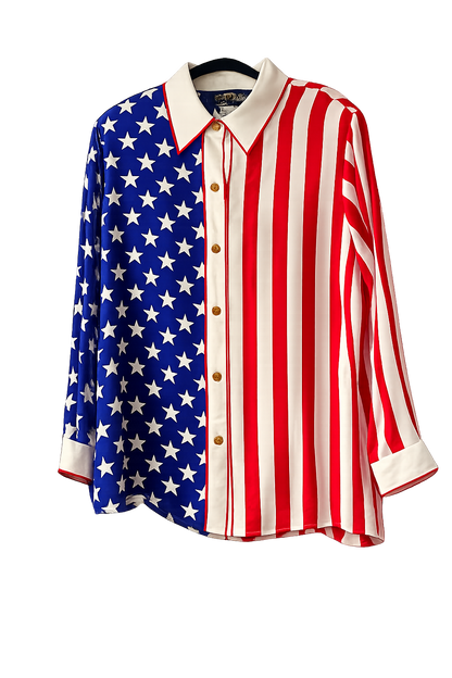 Vintage Bob Mackie Stars & Stripes Silk Shirt 1X | Wearable Art Patriotic Designer Blouse