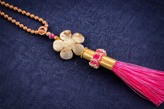 Wildflower Bullet Tassel Necklace – Stone Blossom & Magenta Fringe, 32”
