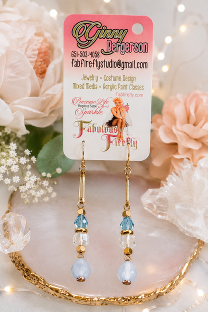 Gold Paperclip Chain Earrings with Swarovski Crystals, Vintage Crystals and Soft Blue Faceted Beads