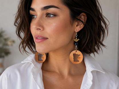 Handmade Minnesota Earrings with Swarovski Crystals, Gold Bird Charms & Wooden State Silhouette