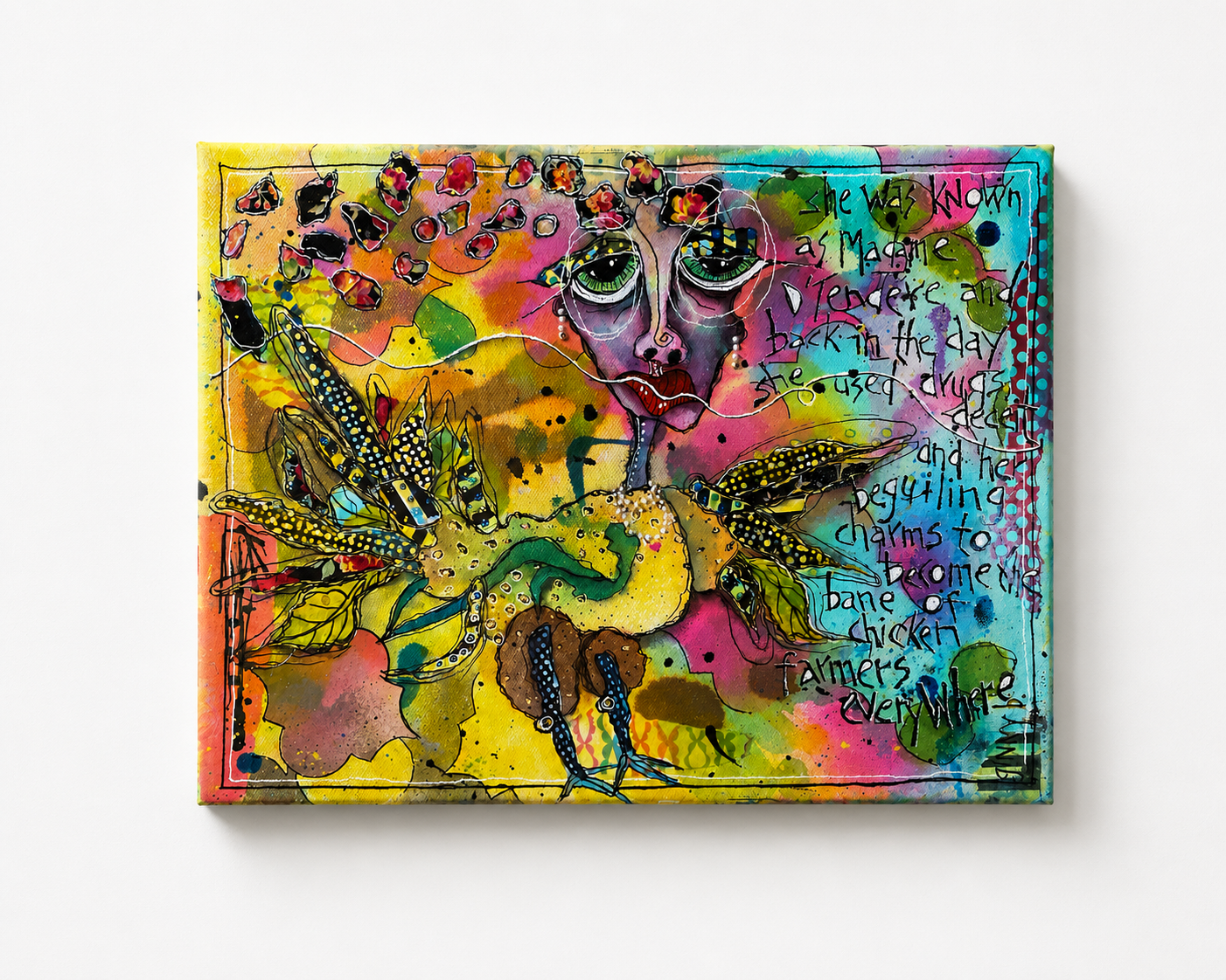 11x14 Mixed Media Canvas Art | Madame D’Tendere Bird Woman Painting | Original Folk Art Wall Decor