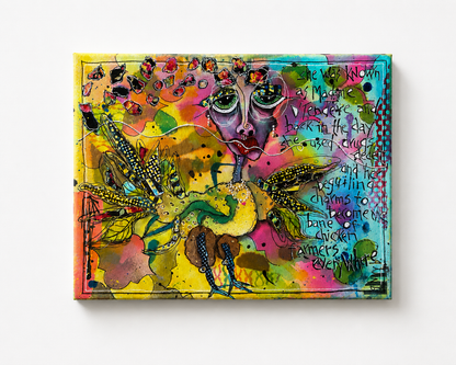 11x14 Mixed Media Canvas Art | Madame D’Tendere Bird Woman Painting | Original Folk Art Wall Decor