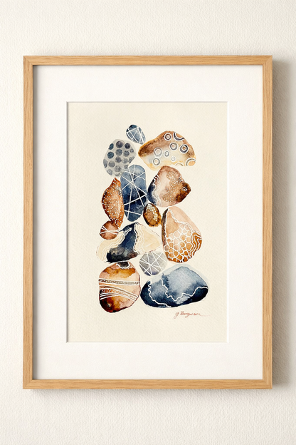 Balanced Stones Watercolor Print – Modern Stone Cairn Art