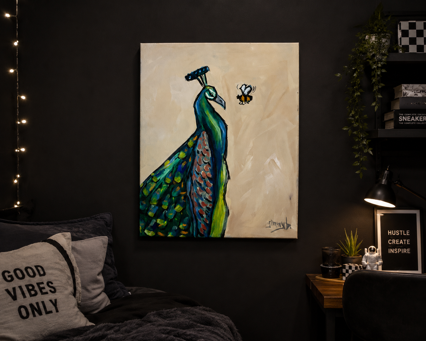 Buzz Off – Peacock & Bumblebee Original Acrylic Painting