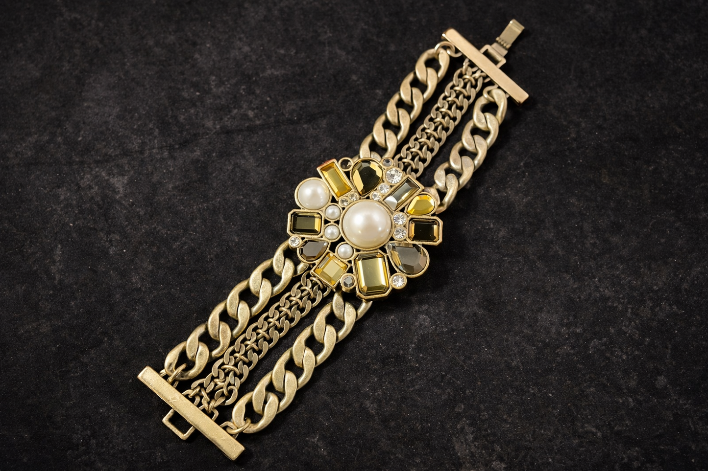 Vintage Lia Sophia Gold Chain Bracelet with Pearl & Rhinestone Medallion