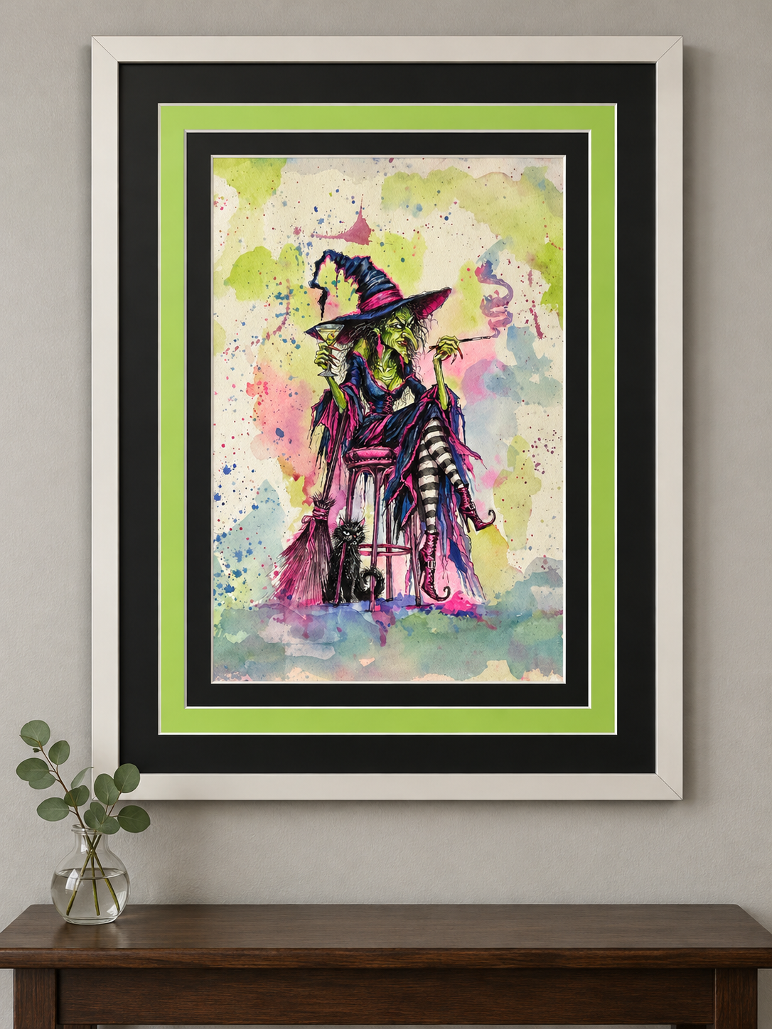 Bad Habits, Good Boots – Original Framed Witch Watercolor Painting