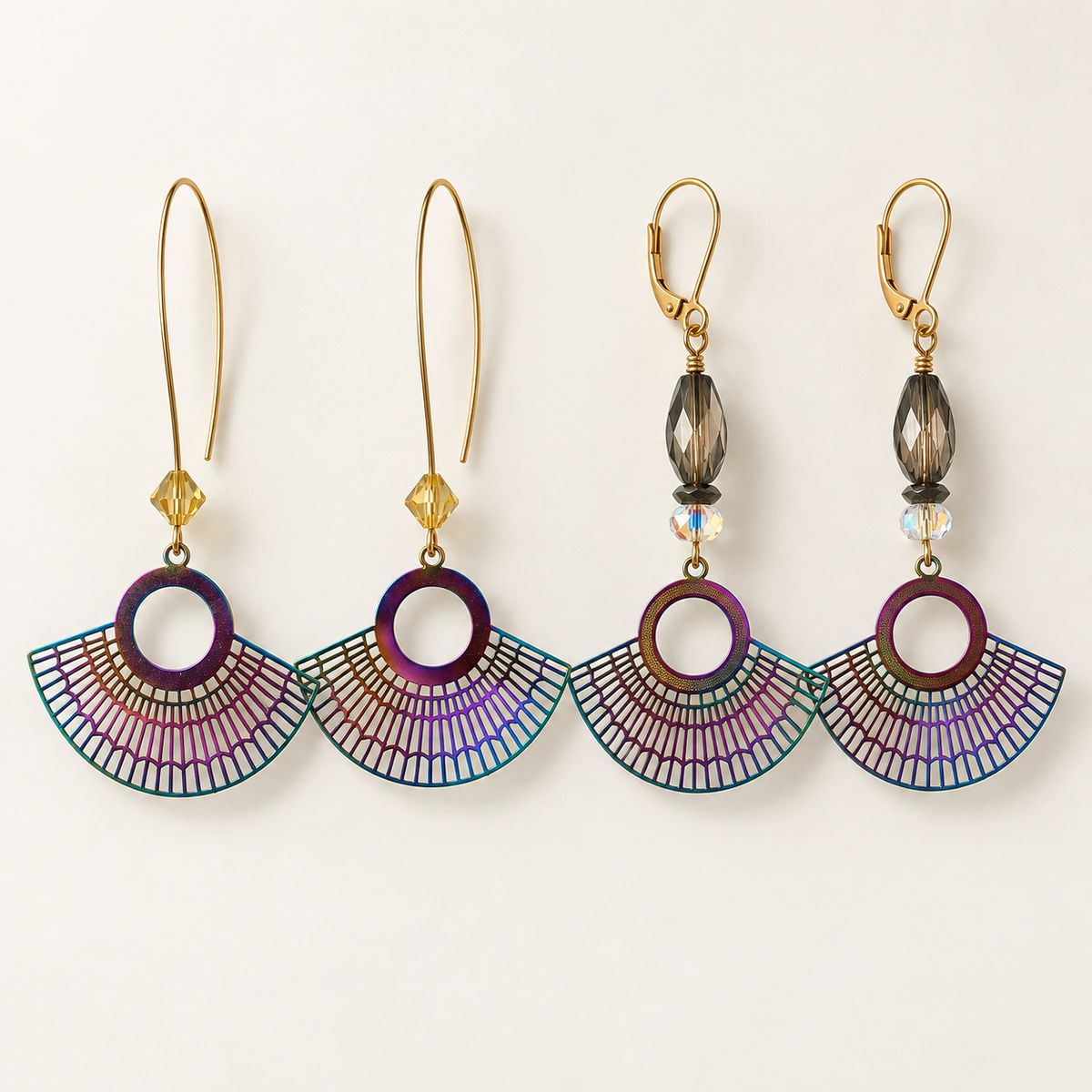 Iridescent Fan Dangle Earrings with Crystal Beads