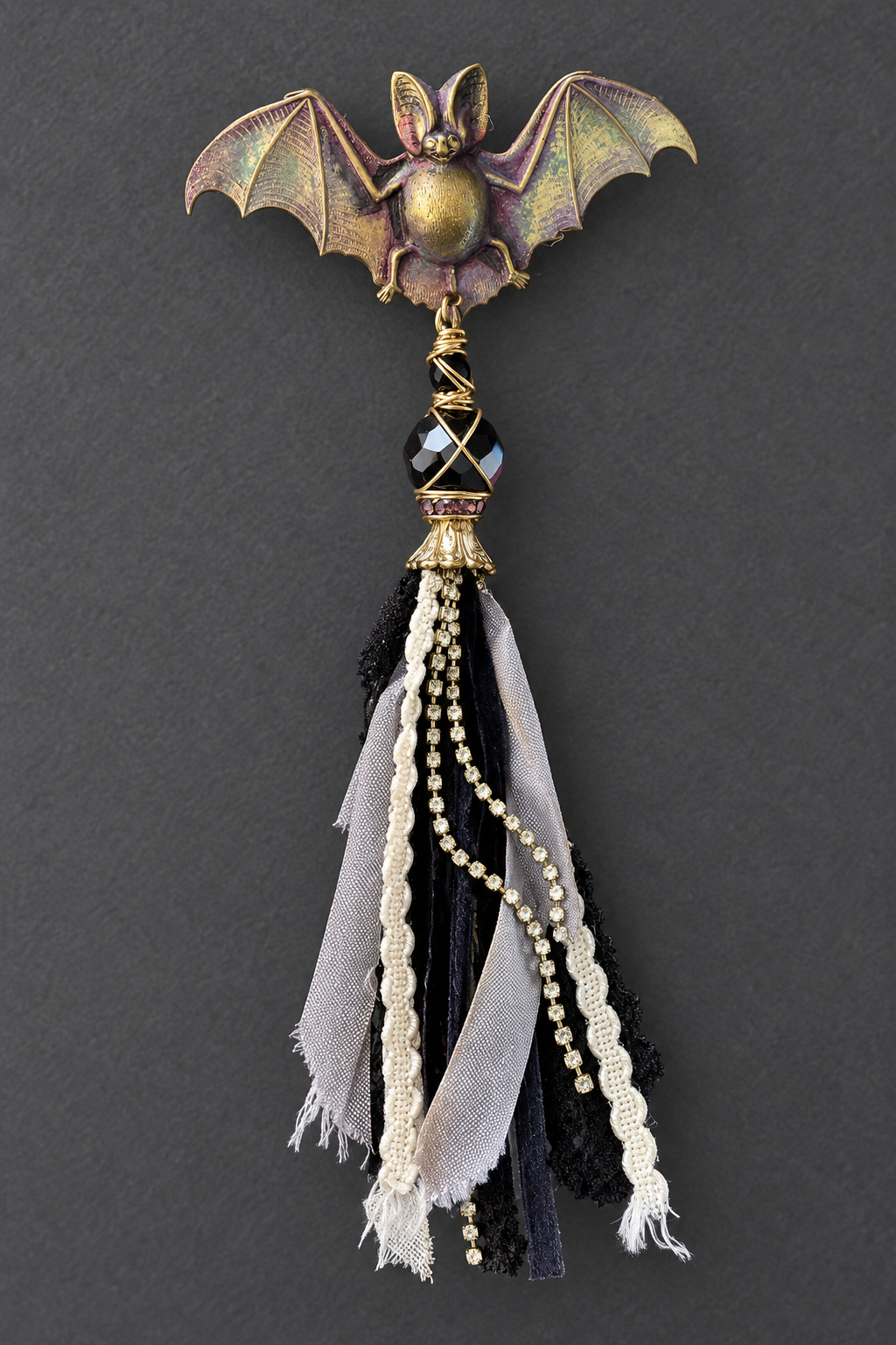 After Dark Bat Pin with Crystal & Fabric Tassel