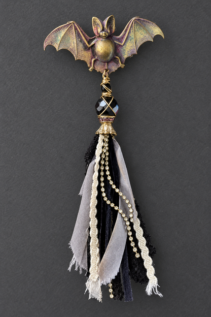 After Dark Bat Pin with Crystal & Fabric Tassel