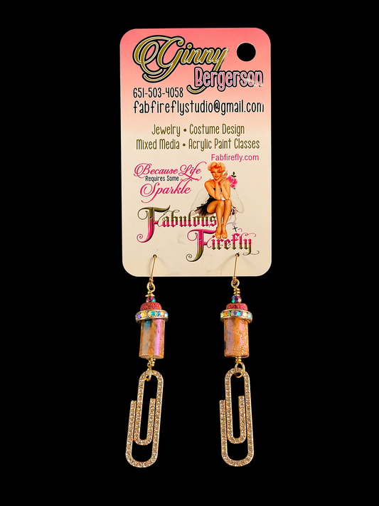 Raku Glow Paperclip Earrings – Rhinestone Link Dangles with Crystal Rondelles