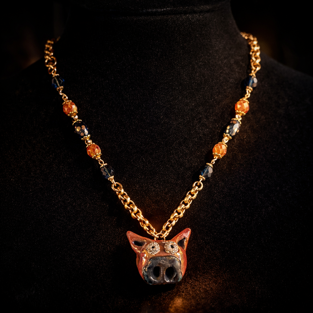 Raku Piggy Pendant Necklace – Czech Beads & Austrian Crystal on Adjustable Chain
