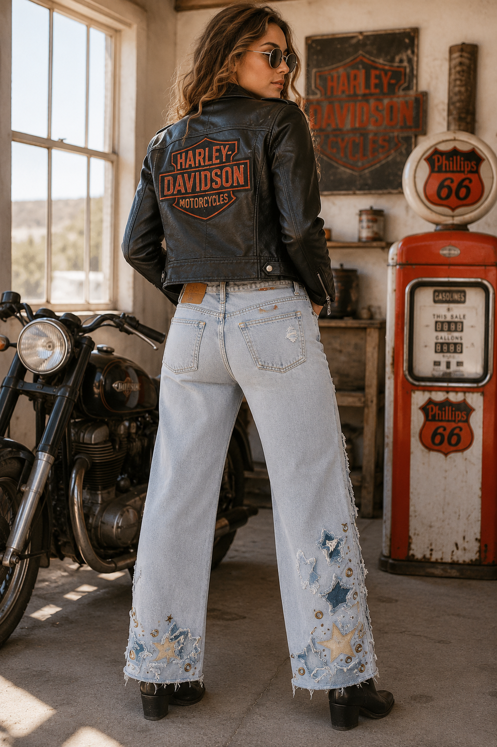 Women’s Distressed Fringe Jeans Size 14 Regular – Denim & Leather Stars, Grommets, Skull Beads, Custom Biker Jeans