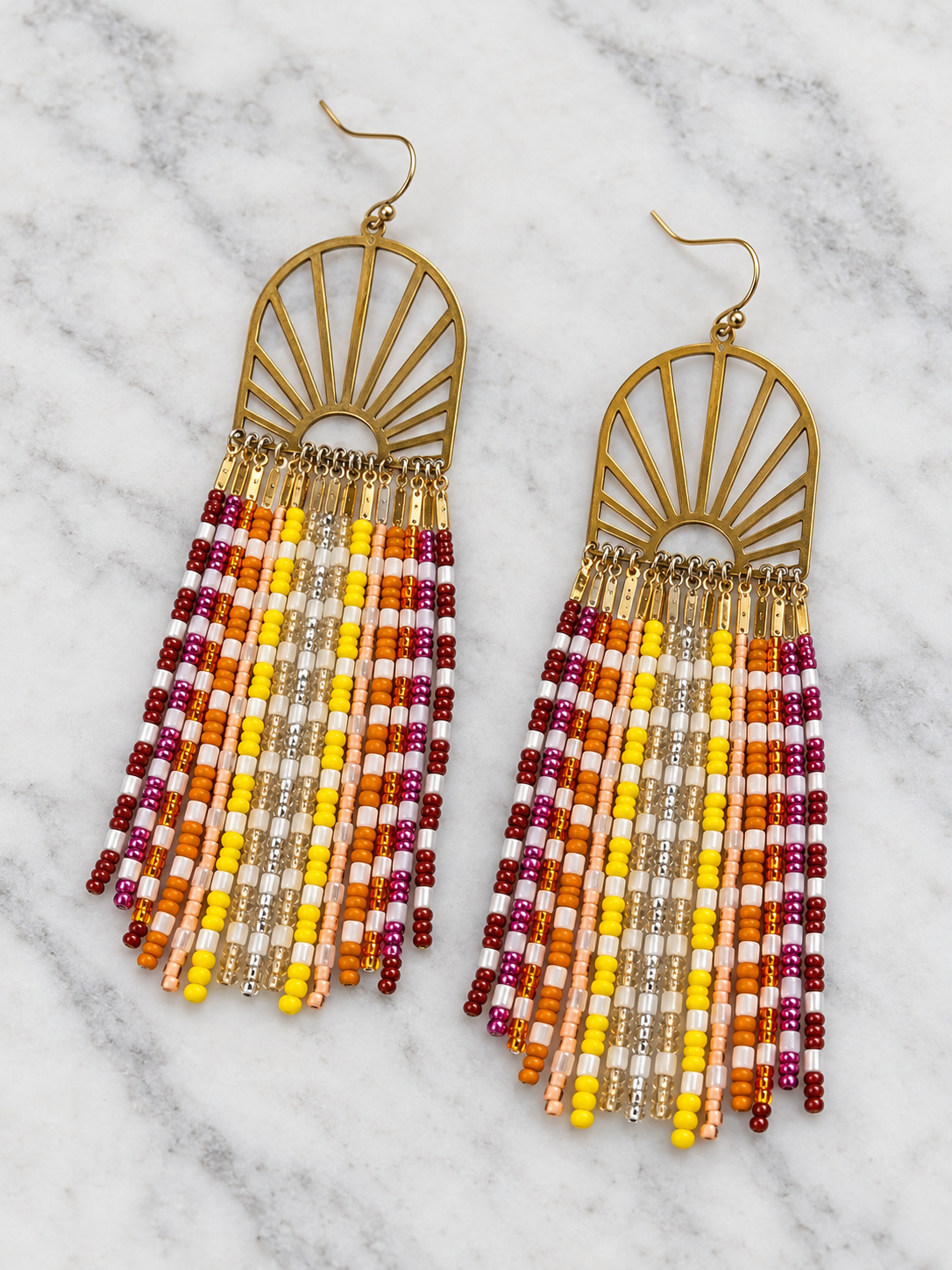Hand-Beaded Brass Sunray Fringe Earrings – 3 Inch