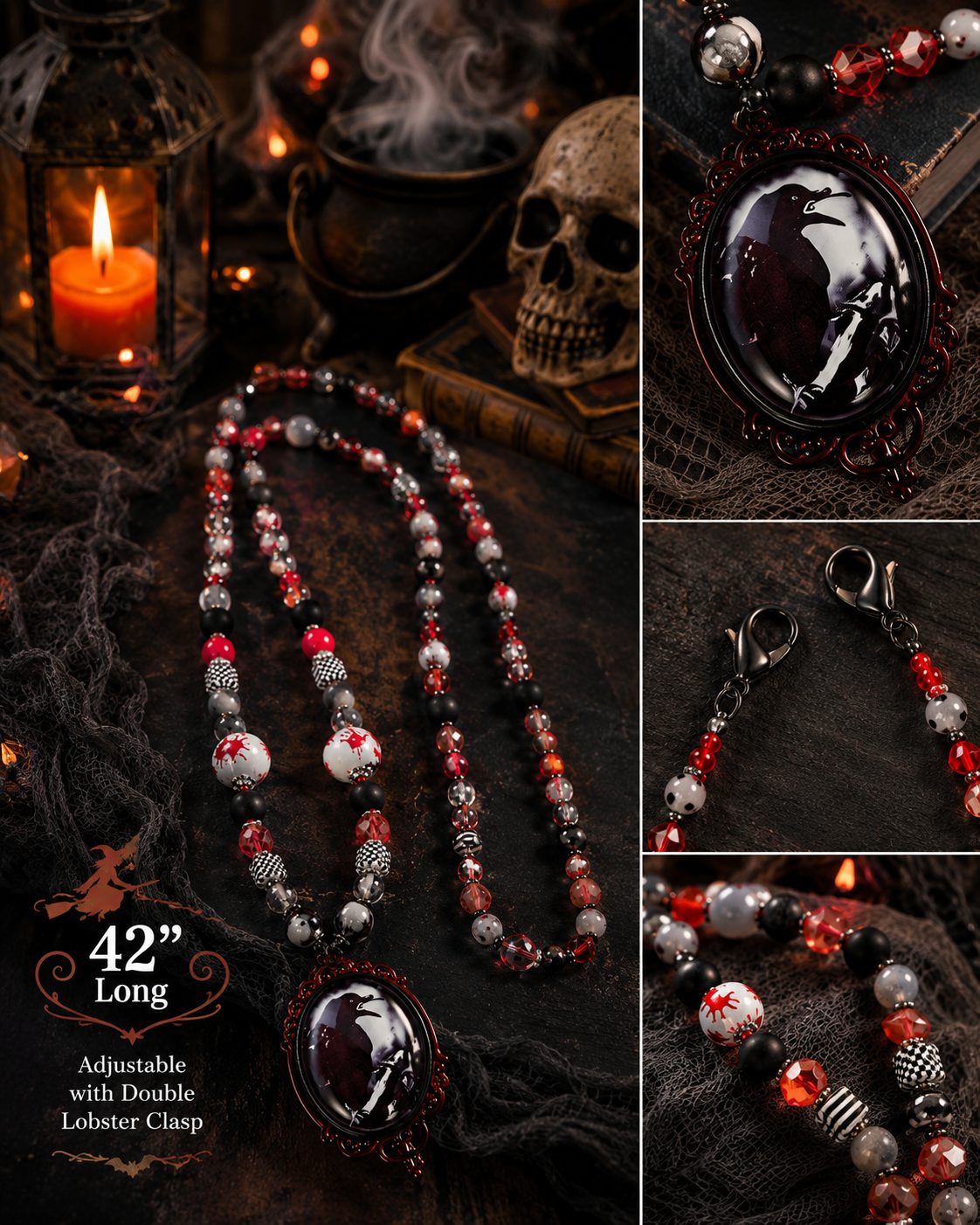 42” Adjustable Raven Halloween Necklace with Skull Beads, Jasper, Crystals & Removable 12” Extension