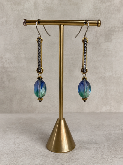 Blue Ombre Swarovski Crystal Drop Earrings with Gold Rhinestone Bars | Handmade Statement Earrings