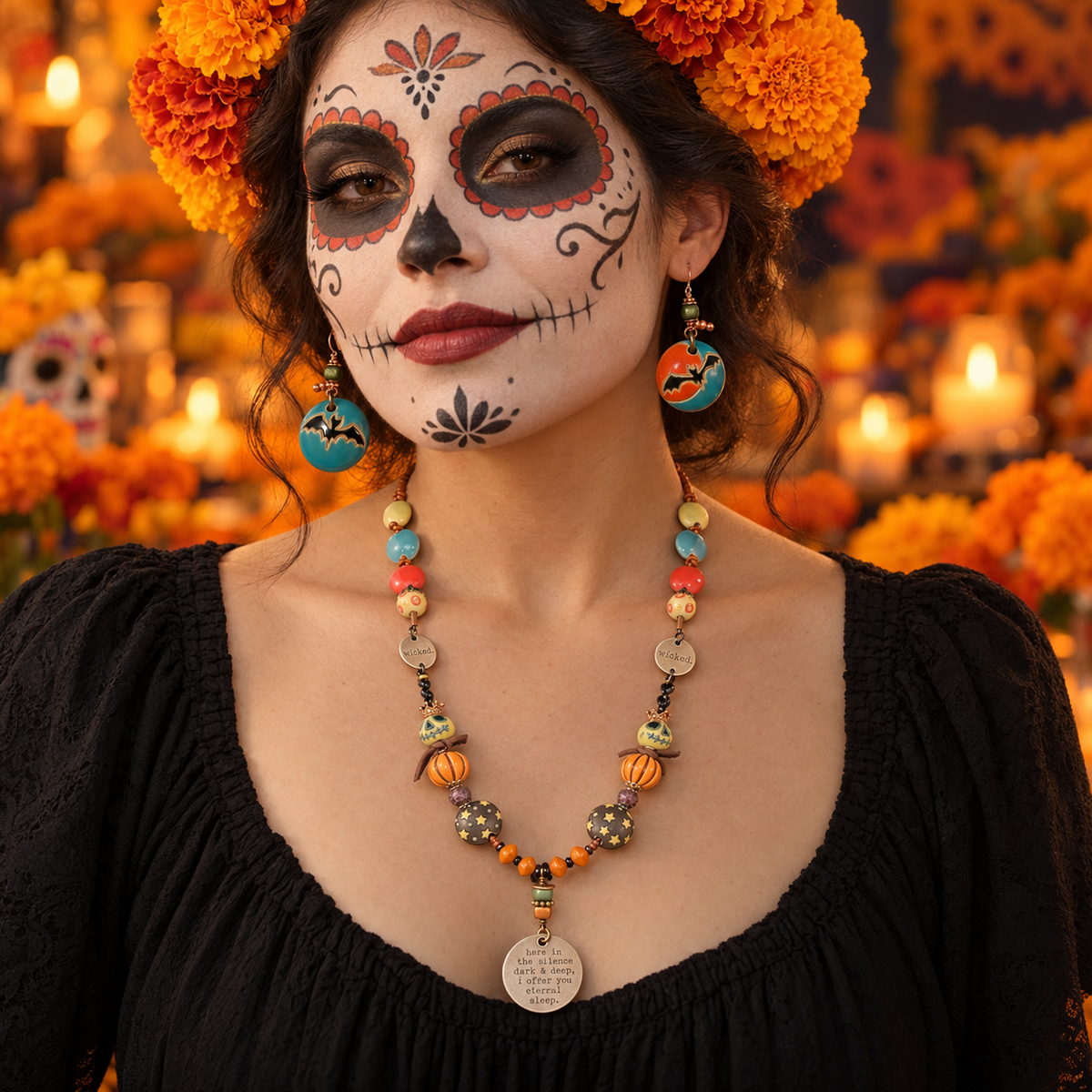 Halloween Skull & Pumpkin Necklace Set with Bat Earrings, 22 Inch