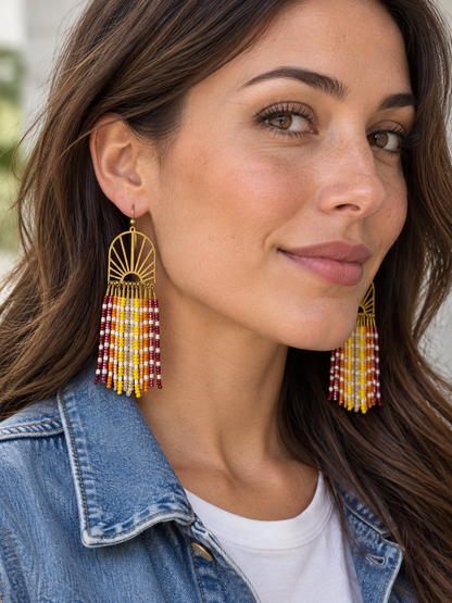Hand-Beaded Brass Sunray Fringe Earrings – 3 Inch