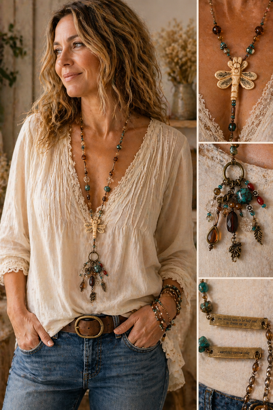 Alice in Wonderland Dragonfly Necklace – Handknotted Silk, Crystal & Mixed Metal Charm Necklace