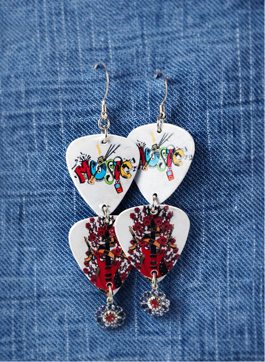 Rock & Roll Guitar Pick Earrings with Austrian Crystal Flowers