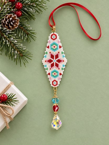 Hand-Beaded Holiday Ornament with Crystal Drop