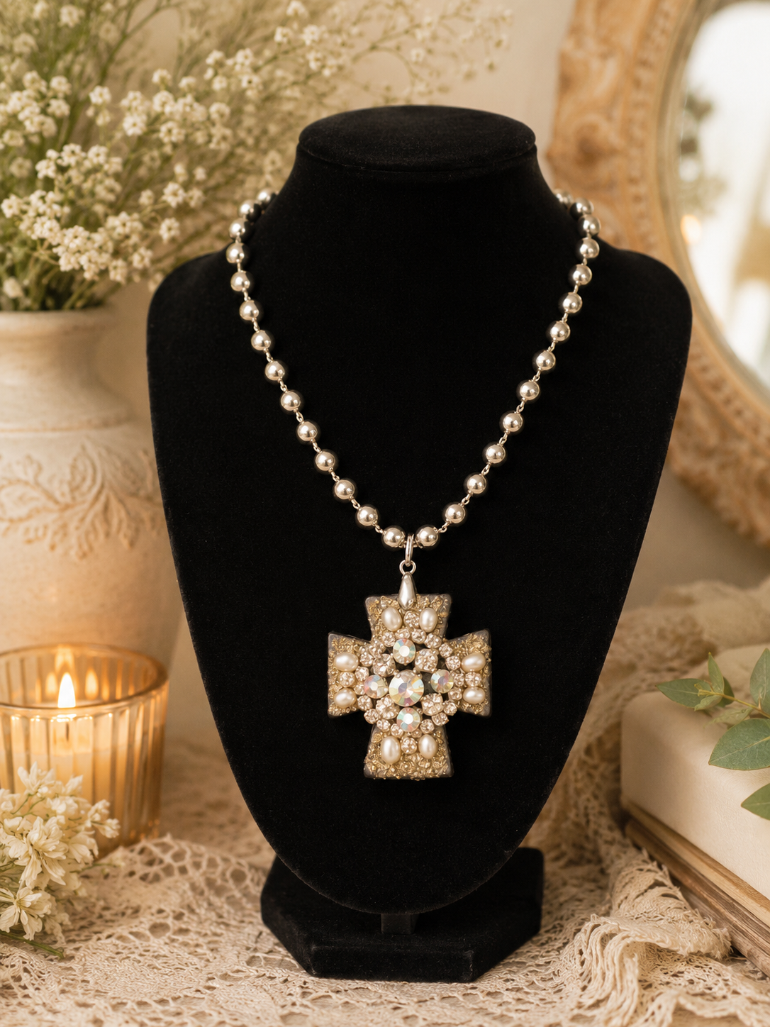 Black Stone Cross Pendant Necklace | Rhinestone Pearl Cross | 17” Silver Ball Chain | Statement Christian Jewelry
