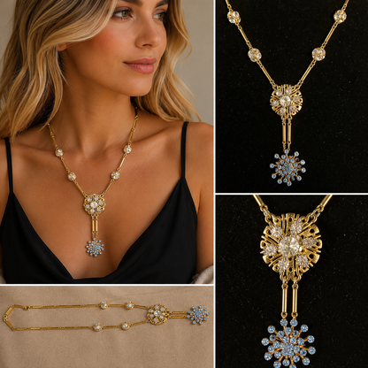 Vintage Gold Tone Rhinestone Snowflake Pendant Necklace – 18 Inch
