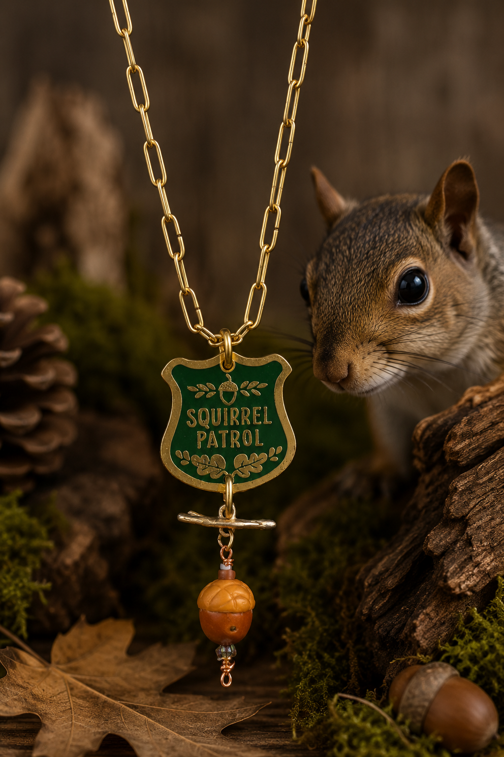 Handmade Squirrel Patrol Necklace | Gold Paper Clip Chain with Polymer Clay Acorn | Woodland Jewelry