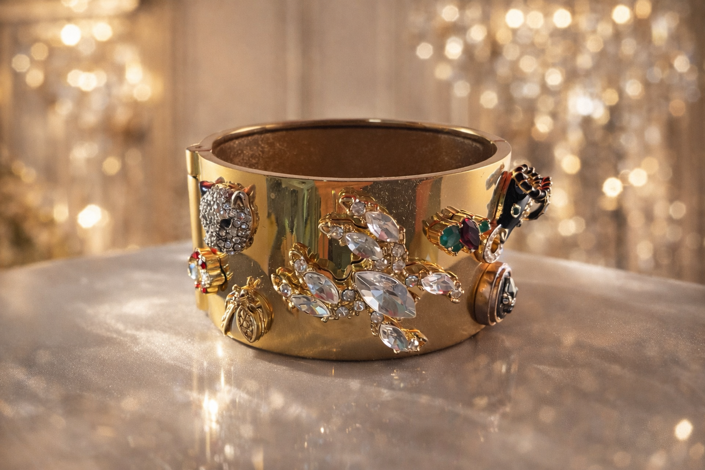 Vintage Gold Charm Statement Cuff Bracelet - Rhinestone Spider, Wildcat, Ladybug & Ram-Hinged Wide Gold Plate Bracelet