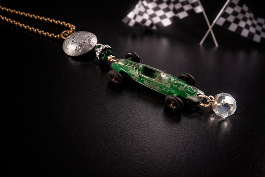 Start Your Engines Vintage Race Car Necklace – Antique Car Charm with Crystal Drop | 20” Bronze Chain