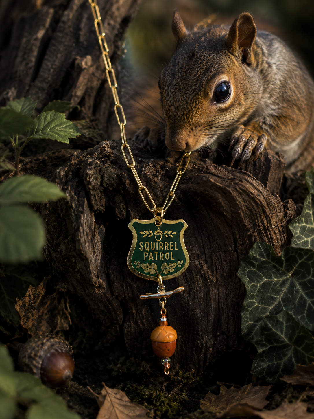 Handmade Squirrel Patrol Necklace | Gold Paper Clip Chain with Polymer Clay Acorn | Woodland Jewelry