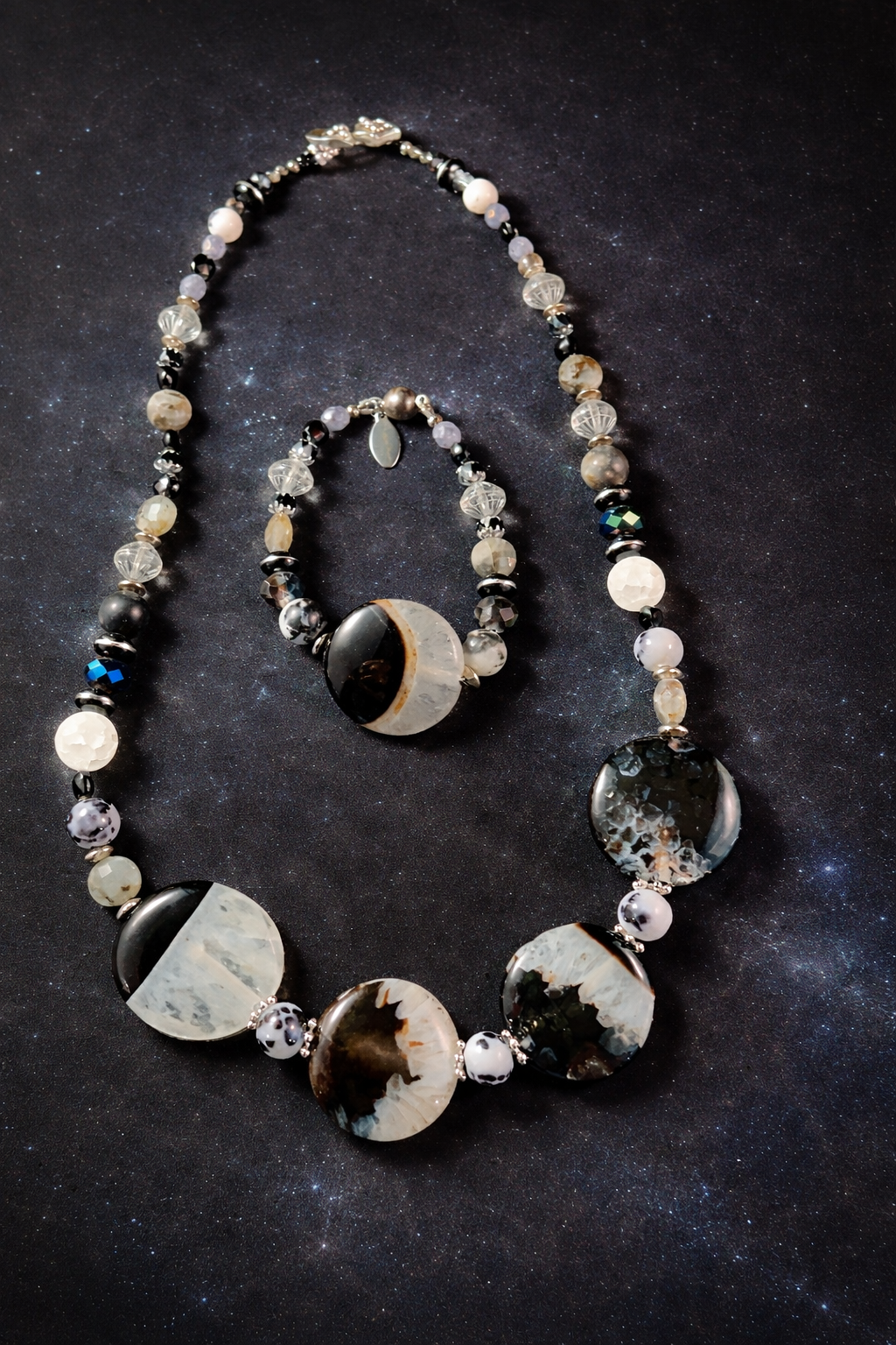 “Eclipse” Black & White Agate Necklace and Bracelet Set – Artisan Beaded Statement Jewelry