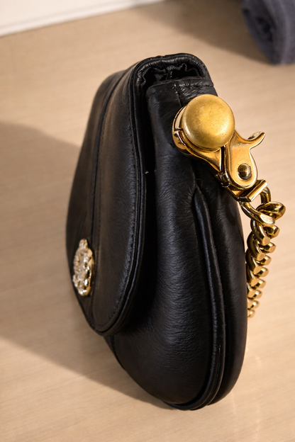 Vintage Wilsons Leather Crown Rhinestone Shoulder Bag – Black Leather Chain Strap Purse