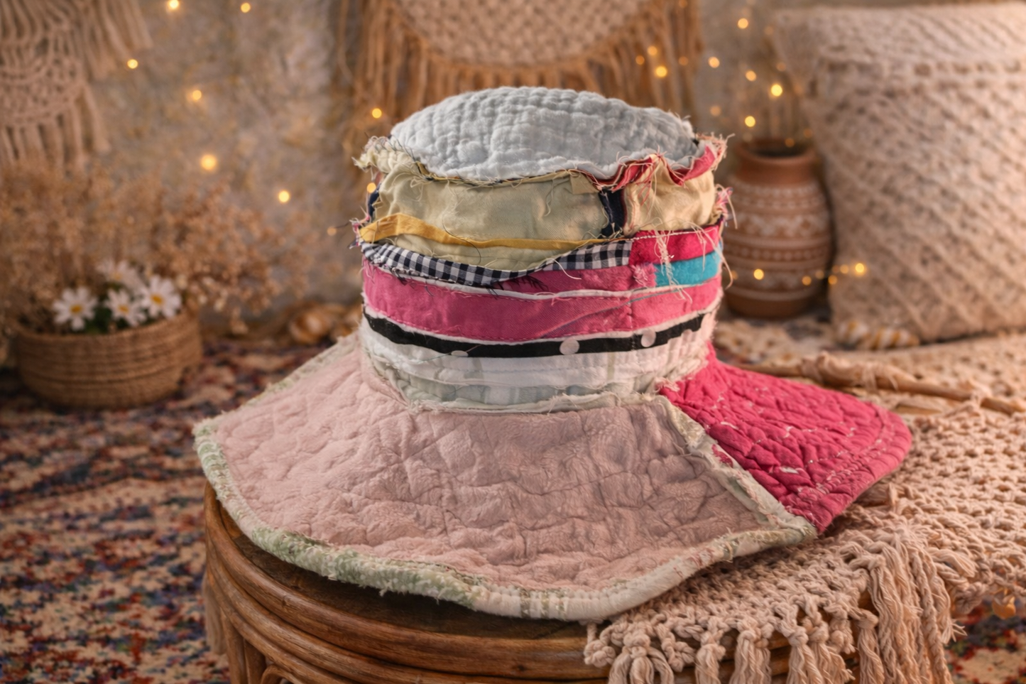Dorothy Jean Reversible Patchwork Hat – Triple Heart Boho Wide Brim (Size Large)