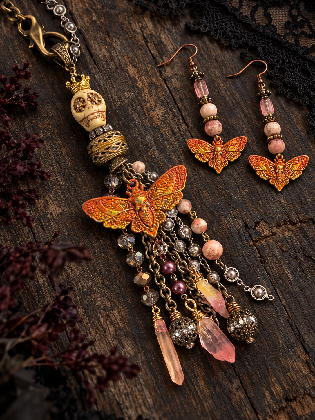 Handmade Skull Moth Jewelry Set with Quartz & Swarovski Crystal