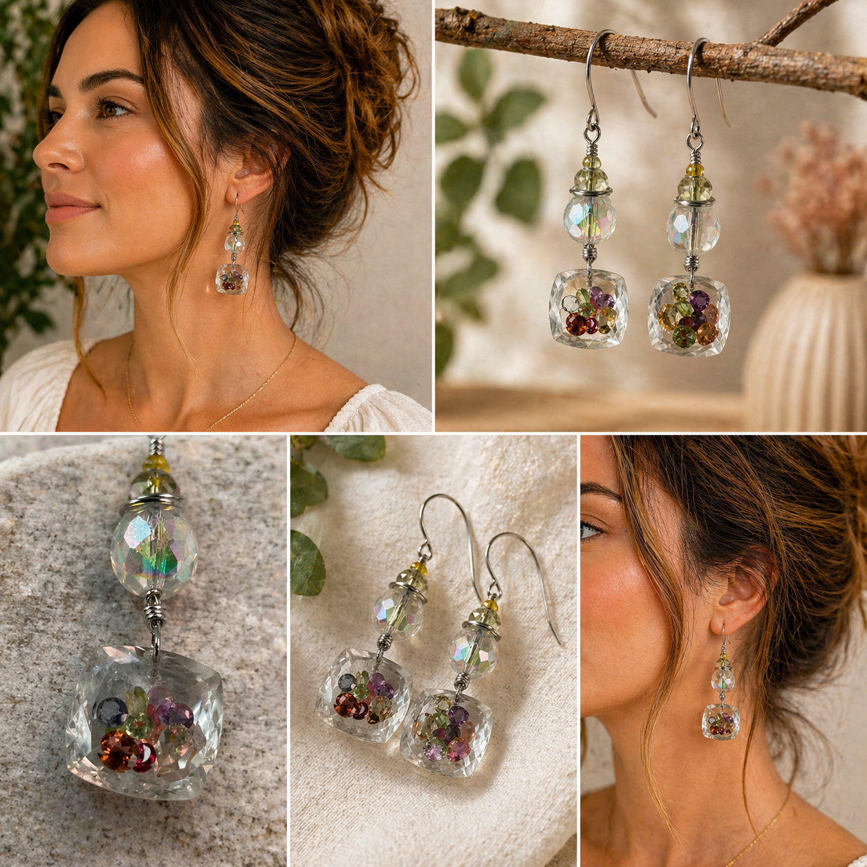 Crystal Within Crystal Drop Earrings – Vintage Crystal & Silver Dangle – Artisan Handmade Luxury Earrings
