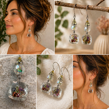 Crystal Within Crystal Drop Earrings – Vintage Crystal & Silver Dangle – Artisan Handmade Luxury Earrings