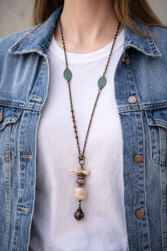 Bohemian Bird Nest Necklace – Carved Bird Pendant with Stone & Crystal, Mixed Chain & Verdigris Leaves (32”)