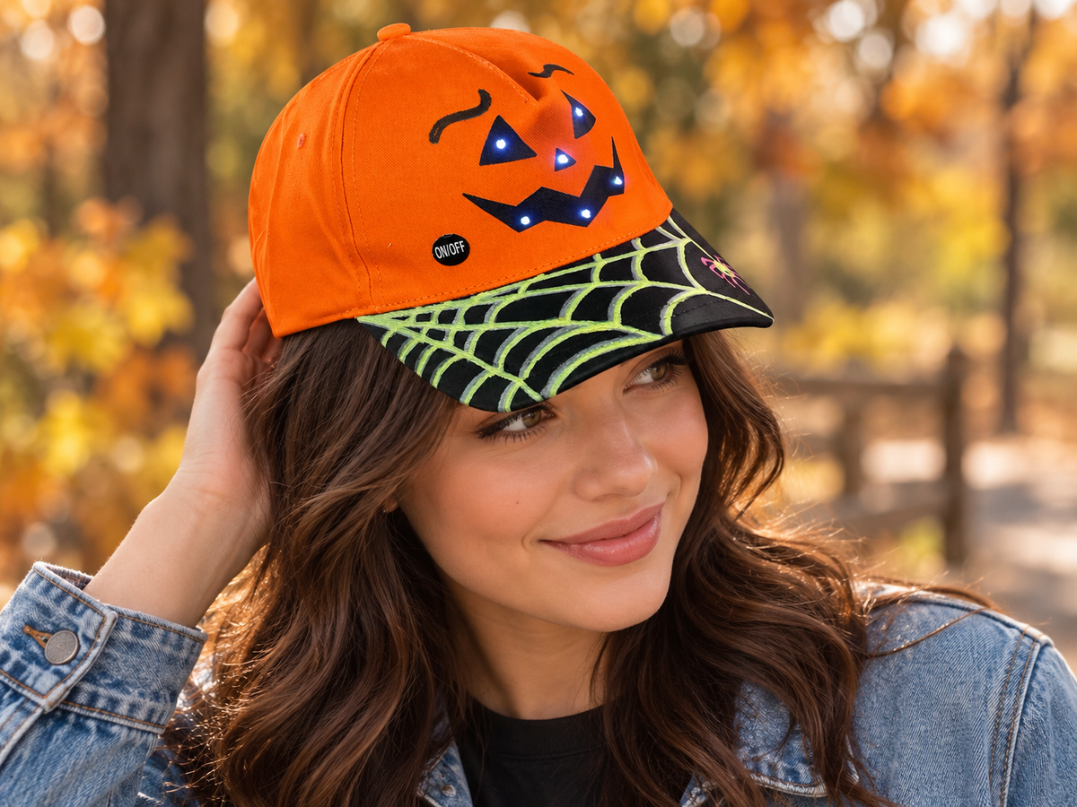 Hand-Painted Pumpkin Baseball Hats – Adjustable with Strobe & Solid Lights!