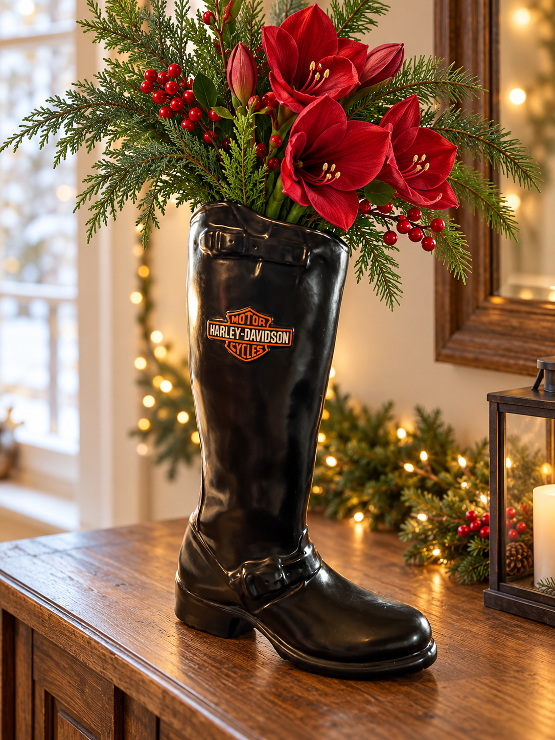 Harley-Davidson Black Ceramic Boot Vase | 18”
