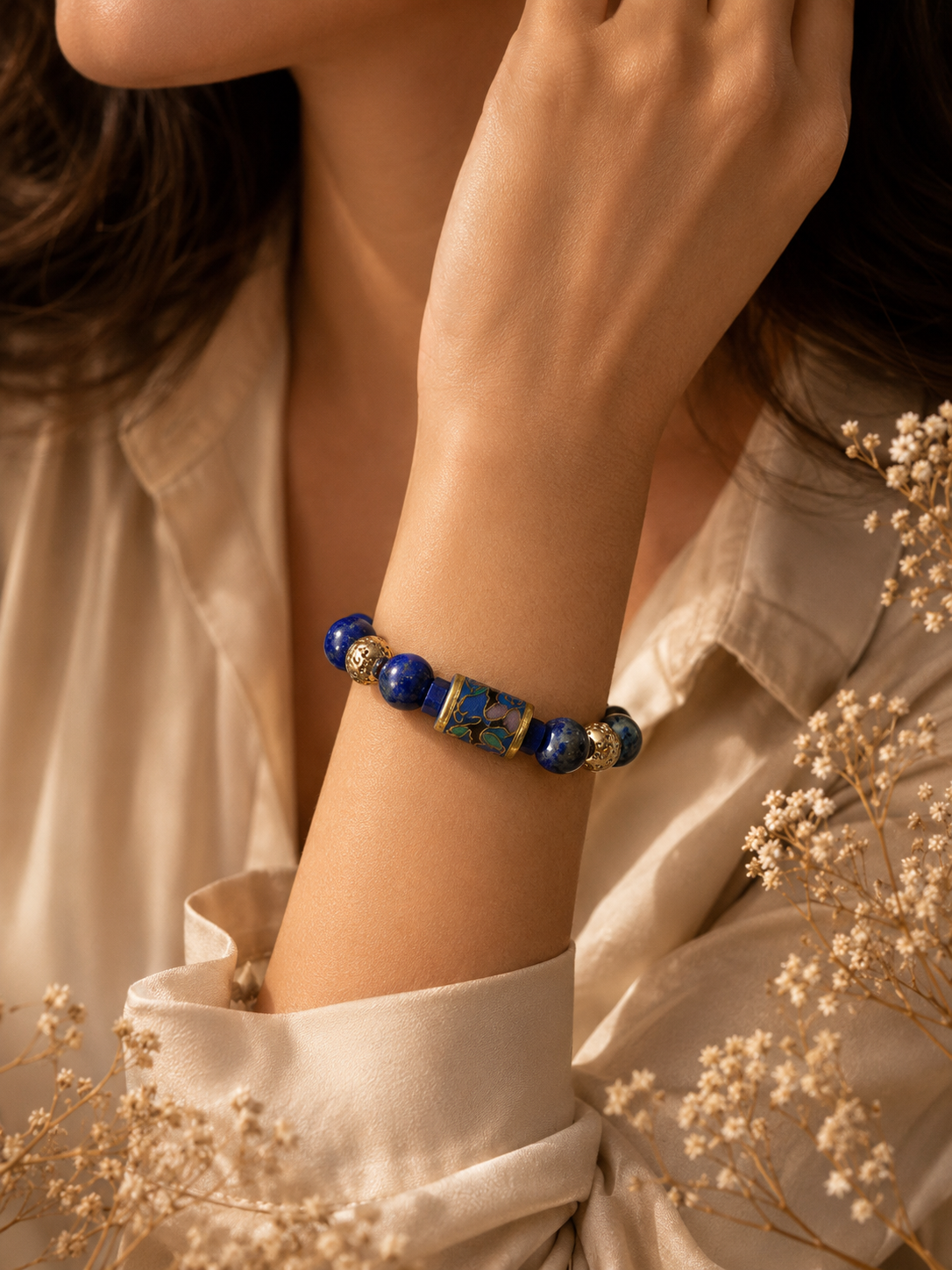 Handmade Turquoise and Lapis Bracelet | Cloisonné Barrel Bead | Crystal Quartz | 8 Inch Artisan Jewelry