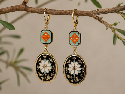 Black White Floral Enamel Dangle Earrings Gold Tone Leverback Earrings