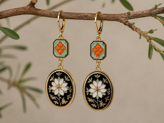 Black White Floral Enamel Dangle Earrings Gold Tone Leverback Earrings